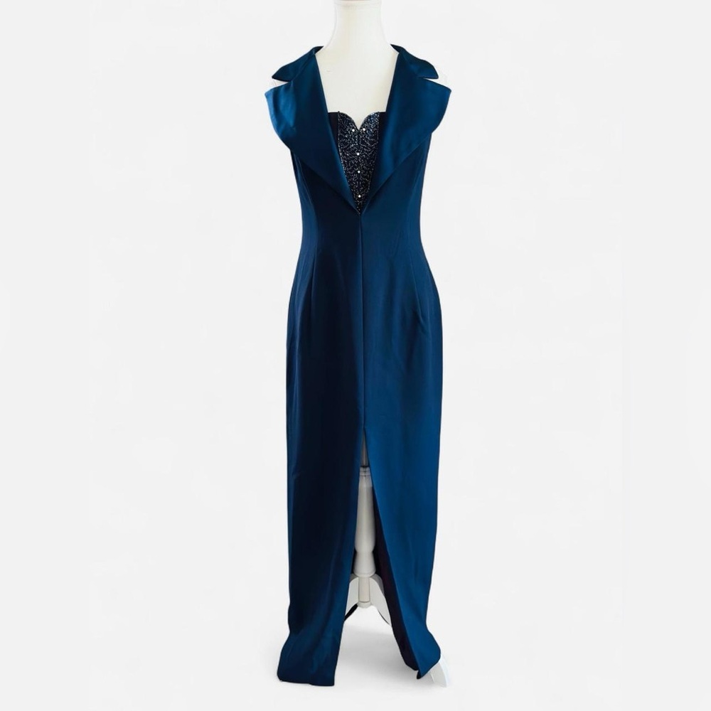 Vintage Ever Beauty Navy Blue Halter Evening Gown Beaded Bodice Size 8